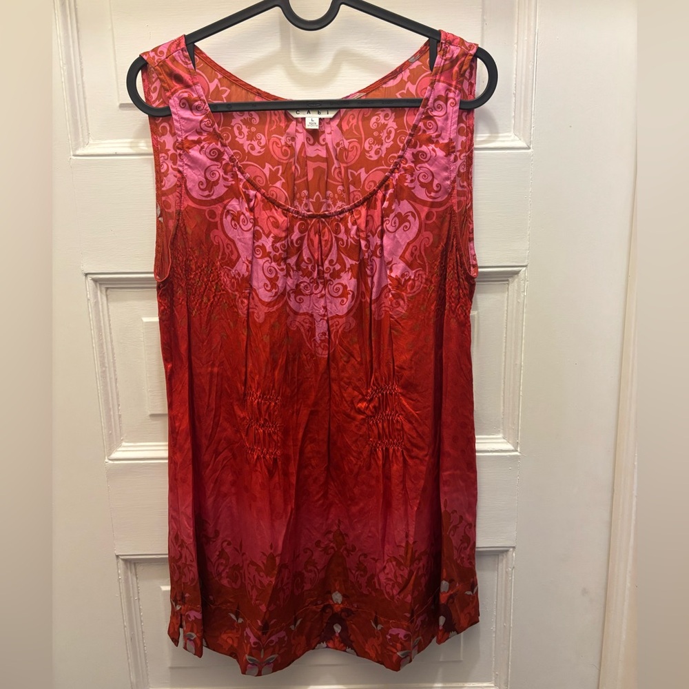 CAbi red floral 100% silk tunic tank med